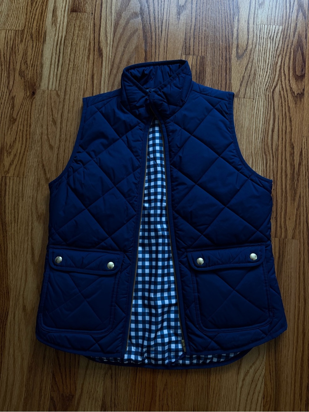 J. Crew Quilted Navy Puffer Vest with Gingham Lining